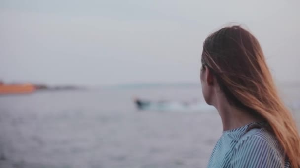 Vista posterior feliz joven niña europea reflexiva con el pelo que sopla en el viento disfrutando del paisaje del mar en la playa puesta del sol . — Vídeos de Stock