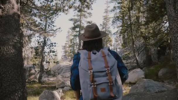 Camera follows young tourist girl hiking alone with backpack up on beautiful rocks at Yosemite national park slow motion — Stock Video