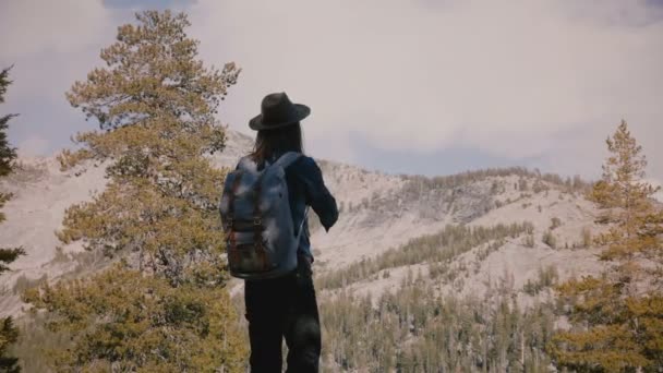 Genç Güzel Turist Kız Sırt Çantası Ile Yosemite Milli Parkı — Stok video