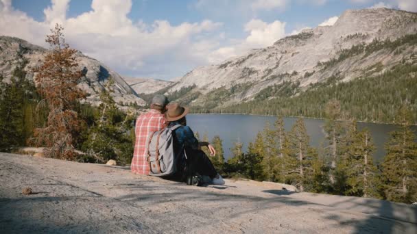 Indietro vista felice rilassato turista coppia romantica sedersi vicino insieme godendo vista epica a Yosemite parco lago slow motion . — Video Stock