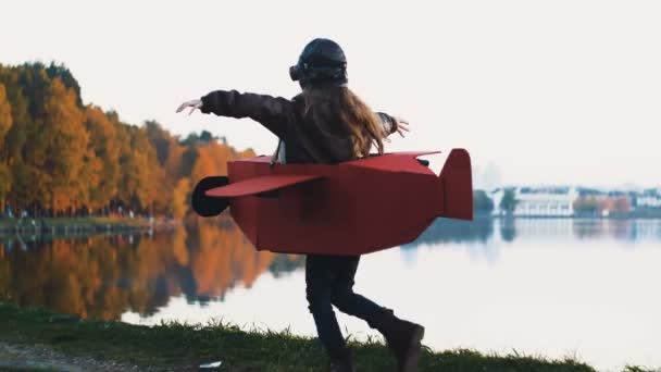 Gelukkig vlieger meisje loopt langs verbazingwekkende herfst meer panorama spelen pilot in leuke kartonnen vliegtuig vertraagd. — Stockvideo