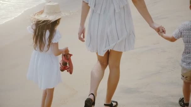 Voltar ângulo alto vista feliz bela jovem mãe andando junto com duas crianças ao longo da praia de areia atmosférica do mar . — Vídeo de Stock