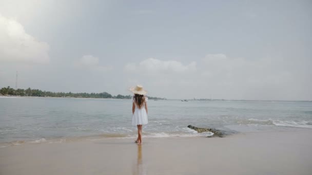 Cinematic background shot of happy little 6-8 year old girl in straw hat watching epic scenery at exotic ocean beach. — Stock Video