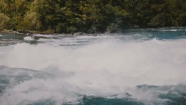 Primo piano di pericolose rapide fluviali veloci, schiuma d'acqua bianca spruzzata sulle onde del Niagara in una giornata di sole . — Video Stock