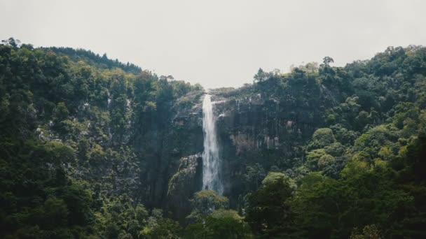 Gyönyörű széles shot táj táj nagy dzsungel vízesés rohanó le a vadon élő trópusi Srí Lanka-i erdő. — Stock videók