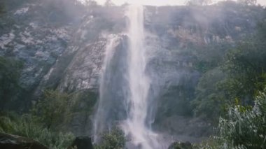 Kamera epik Sri Lanka orman şelale de doğanın tadını, poz mutlu genç güzel kadın ortaya çıkarmak için aşağı eğilir.