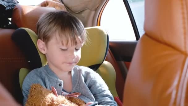 Boldog kicsi 4-6 év régi európai fiú használ smartphone szórakozás app-ban autó gyermek biztonság ülés közben nap lovagol. — Stock videók