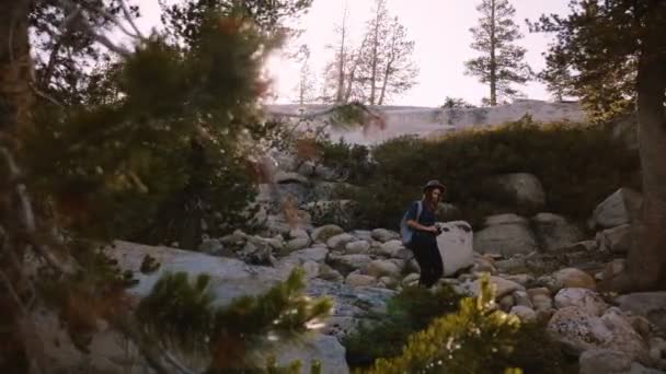 Beautiful lens flare shot of beautiful local girl hiking, walking down on stones exploring Yosemite forest slow motion. — Stock video