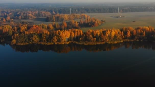 Dron latający nad niesamowitym jeziorem w kierunku żółtych jesiennych drzew leśnych pokrytych jasną zachodnią mgłą na Białorusi. — Wideo stockowe