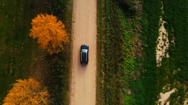 Pohled shora na vzdušný záběr černého auta, které se pohybuje po štěrkové cestě po žlutých podzimních stromech a krajinných polích. — Stock video