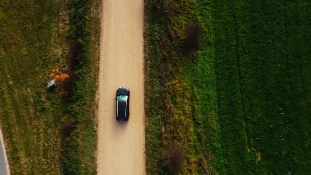Vista superior, la cámara del dron sigue el coche negro que conduce en la carretera de grava a lo largo de los campos de campo y árboles amarillos de otoño . — Vídeo de stock
