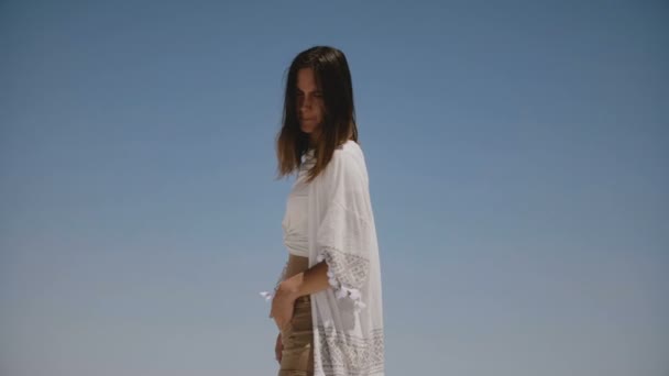 Amazing livsstil porträtt av vackra lycklig kvinna poserar, hoppning med blå himmel bakgrund vid salt Desert Lake i Utah — Stockvideo