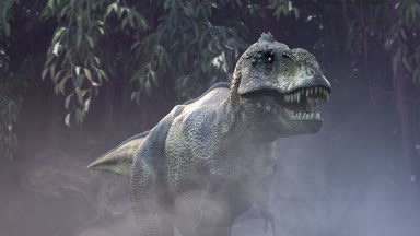 animasyon çalışan dinozor Tyrannosaurus Rex 3d render ormanda