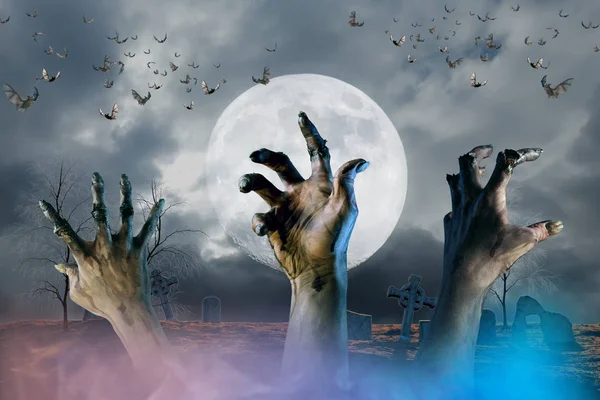 Zombi Mano Sobresaliendo Tierra Fondo Halloween — Foto de Stock