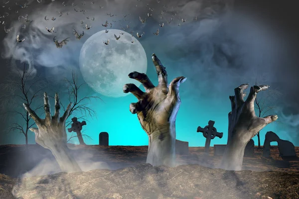 Zombi Kéz Ragadt Földből Halloween Háttér — Stock Fotó