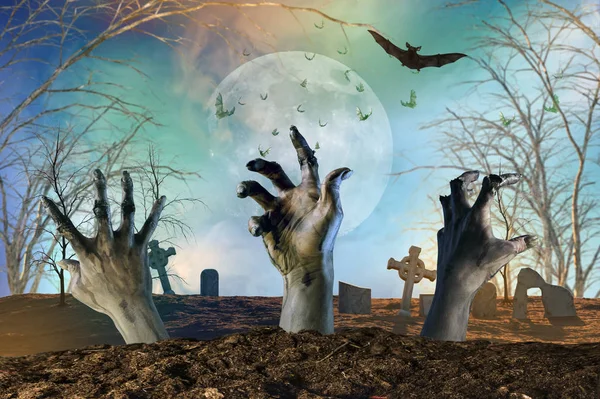 Zombie Ruka Trčí Země Halloween Pozadí — Stock fotografie
