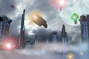 Geleceğin 3D fantastik ortamlarda illüstrasyon fütüristik muhteşem şehir
