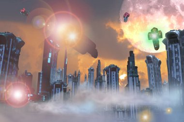 Geleceğin 3D fantastik ortamlarda illüstrasyon fütüristik muhteşem şehir