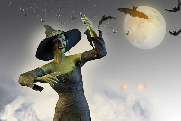 Illustration Une Drôle Sorcière Sur Fond Halloween — Photo