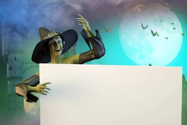 Ilustração Uma Bruxa Engraçada Com Banner Fundo Halloween — Fotografia de Stock