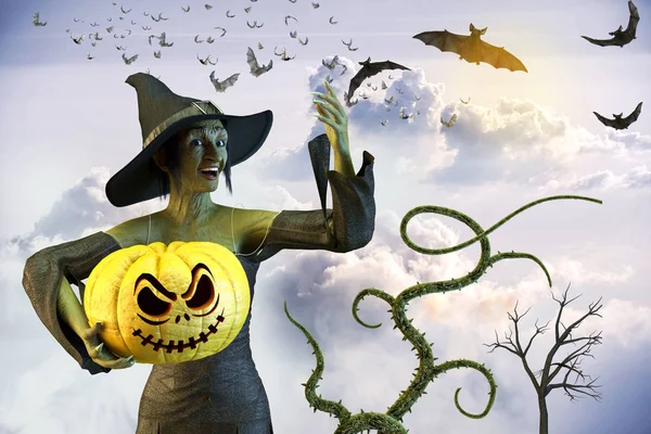 Illustration Einer Lustigen Hexe Auf Dem Hintergrund Von Halloween — Stockfoto
