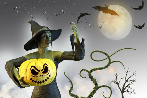 Ilustración Una Bruja Divertida Fondo Halloween — Foto de Stock