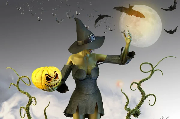 Ilustración Una Bruja Divertida Fondo Halloween — Foto de Stock