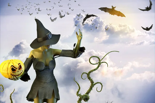 Illustration Einer Lustigen Hexe Auf Dem Hintergrund Von Halloween — Stockfoto