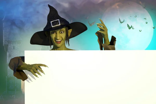 3D Illustration of a funny witch with a banner on the background of Halloween