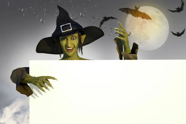 3D Illustration of a funny witch with a banner on the background of Halloween