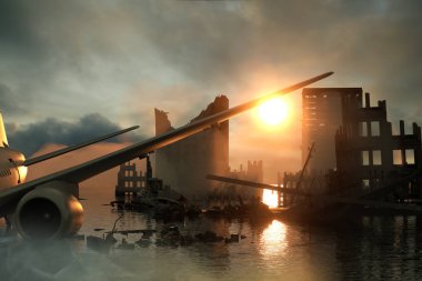 bir şehir kalıntıları 3D Illustration. Kıyamet manzara. Kıyamet günbatımı kavramı