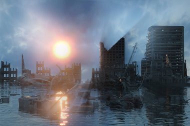 bir şehir kalıntıları 3D Illustration. Kıyamet manzara. Kıyamet günbatımı kavramı