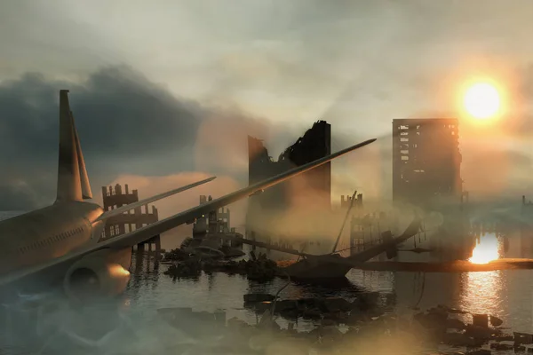 Ilustracja Ruiny Miasta Apokaliptyczny Krajobraz Apokaliptyczny Koncepcja Zachód Słońca — Zdjęcie stockowe