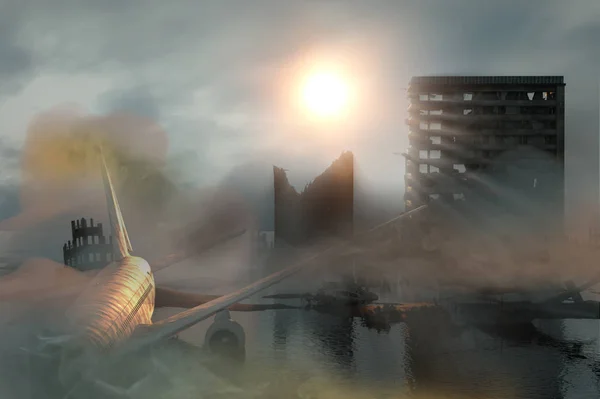 Ilustracja Ruiny Miasta Apokaliptyczny Krajobraz Apokaliptyczny Koncepcja Zachód Słońca — Zdjęcie stockowe