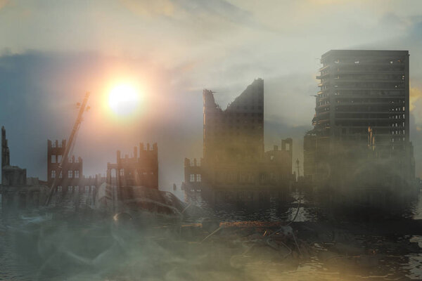 3D Illustration of a Ruins of a city. Apocalyptic landscape. apocalyptic sunset concept