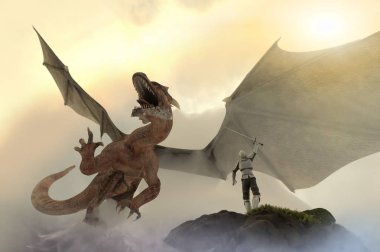 bir şövalye savaş ejderha, ejderha adam 3d render karşı