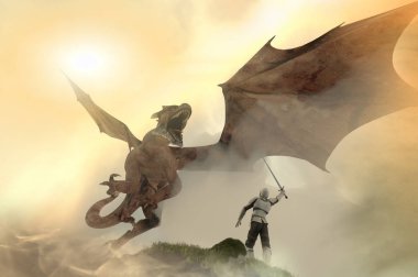 bir şövalye savaş ejderha, ejderha adam 3d render karşı