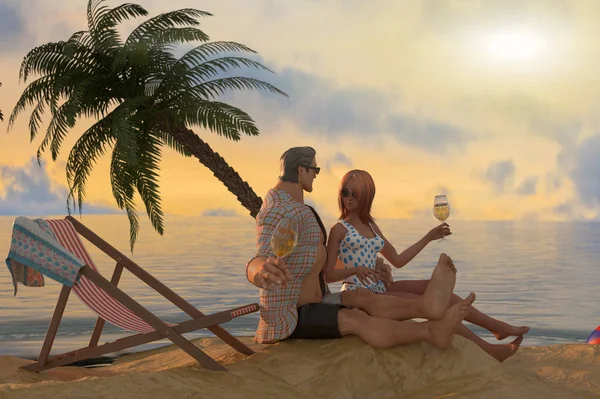 Couple in love by the sea as a symbol of rest and travel 3d render, cartoon character