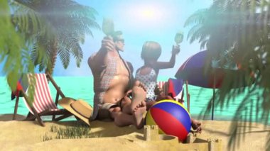 Dinlenme ve seyahat 3d render, çizgi film karakteri bir sembolü olarak denizin kenarında aşık çift