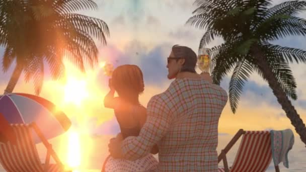 情侣在爱的海洋作为休息和旅行的象征3D 卡通人物 — 图库视频影像