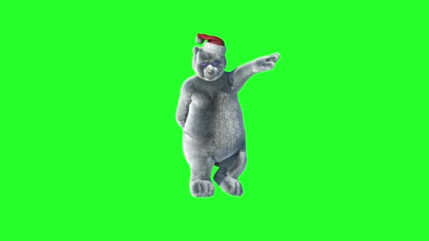 Мультяшний Ведмідь Різдвяній Шапці Танцює Зеленому Фоні — стокове відео