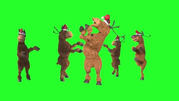Cartoon Herten Kerstmuts Dansen Groene Achtergrond — Stockvideo
