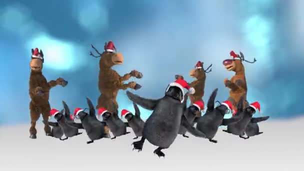 Cartoon Animals Christmas Hat Dancing Background — Stock Video