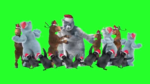 Cartoon Animals Christmas Hat Dancing Green Background — Stock Video