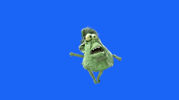 Spooky Chunky Green Halloween Monster Walking Blue Background — Stock Video