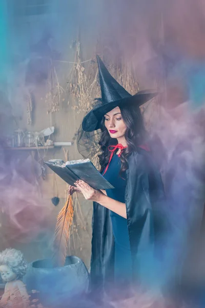 Halloween Hexe Mit Hut Feder Und Buch Auf Nebligem Hintergrund — Stockfoto