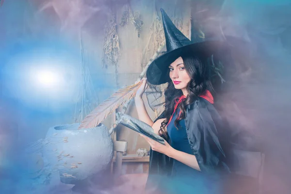 Halloween Hexe Mit Hut Feder Und Buch Auf Nebligem Hintergrund — Stockfoto