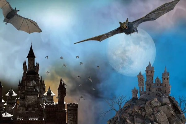 flying bats with castles on misty halloween background