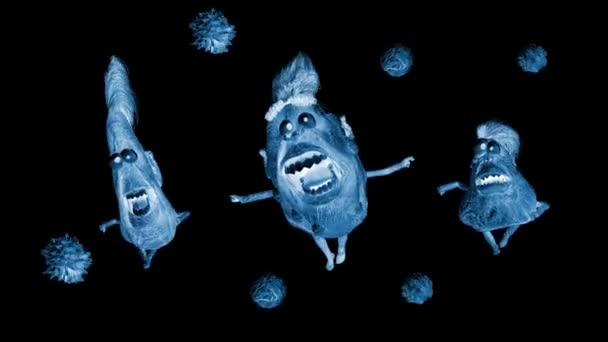 Three Blue Cartoon Monster Creatures Walking Black Background — Stock Video