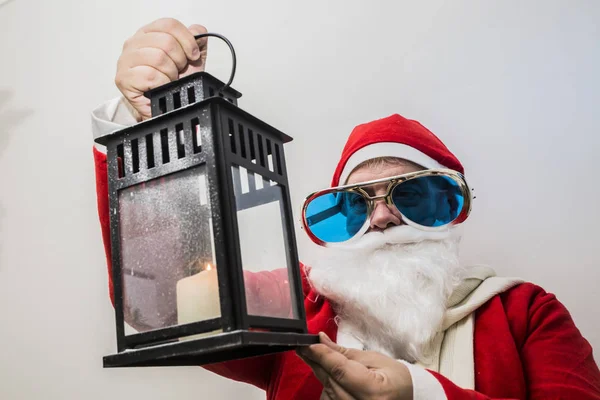 Cute Hipster Santa Claus White Background New Year Christmas Celebration — Stock Photo, Image